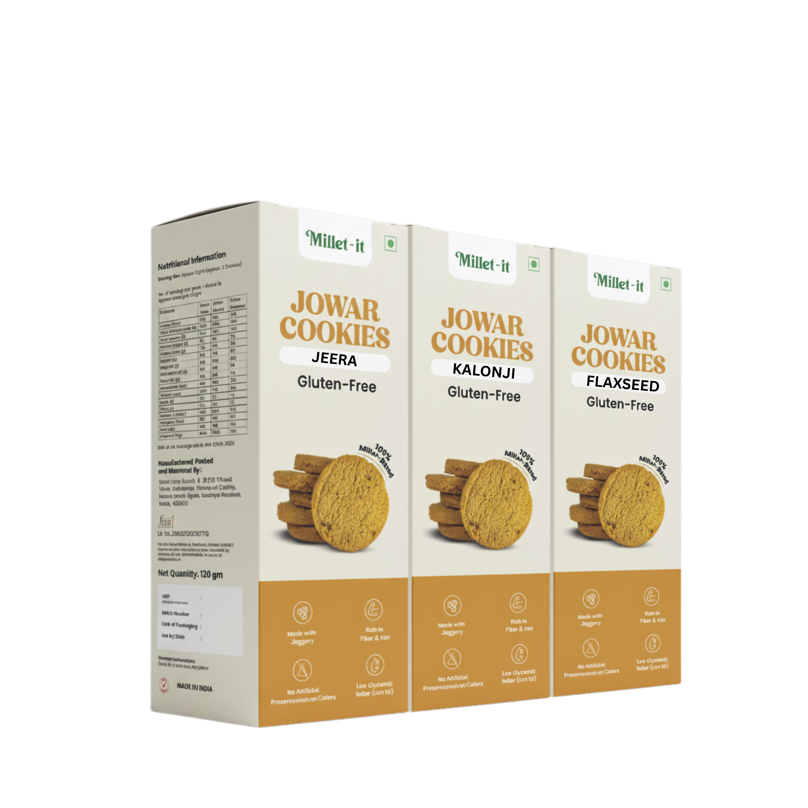 Millet-it pack of 3 Jowar Flaxseed, Jowar Kalonji & Jowar Jeera Cookies | 360gm