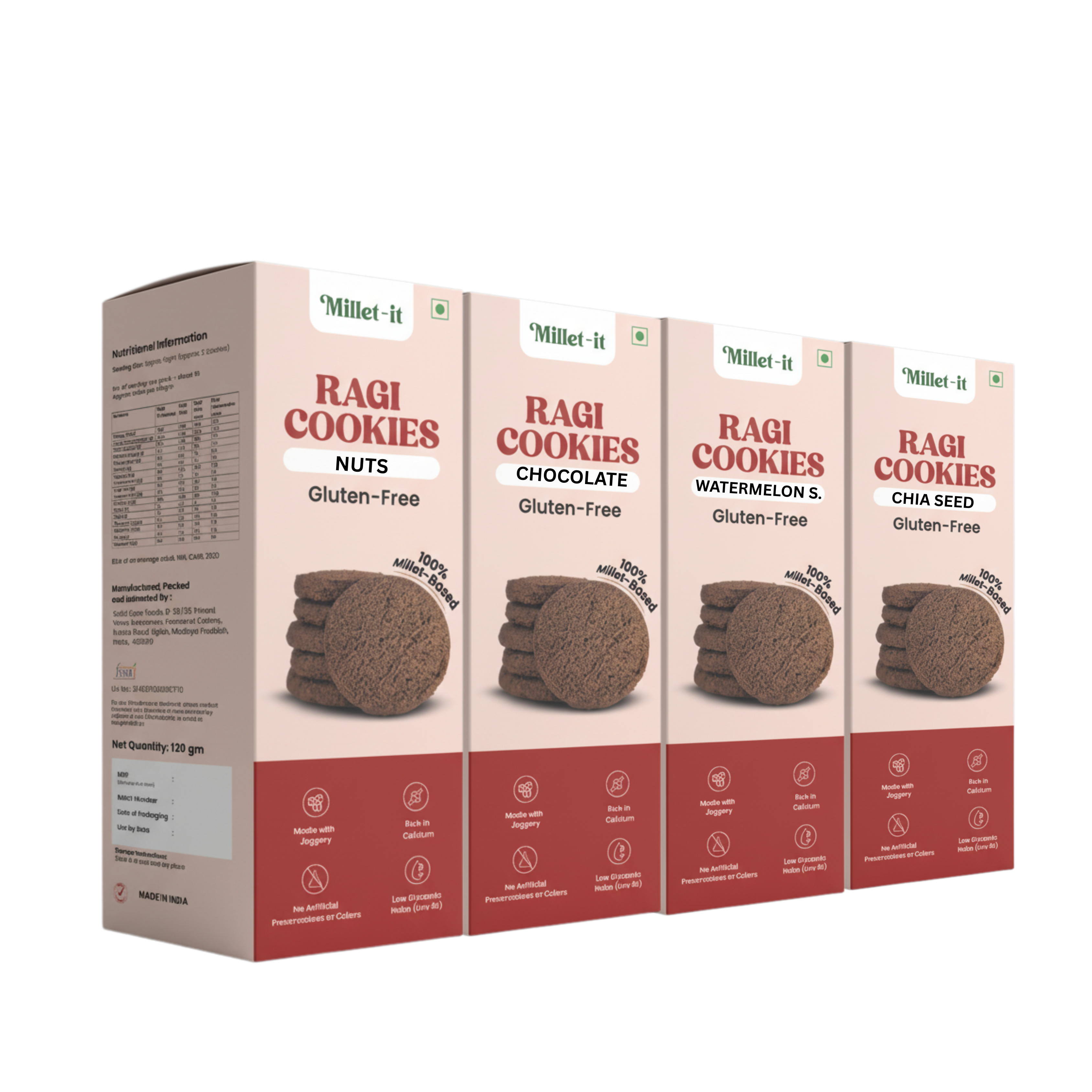 Millet-it pack of 4 Ragi Nuts, Ragi Chocolate, Ragi watermelon seed & Ragi Chia seed Cookies | 480gm
